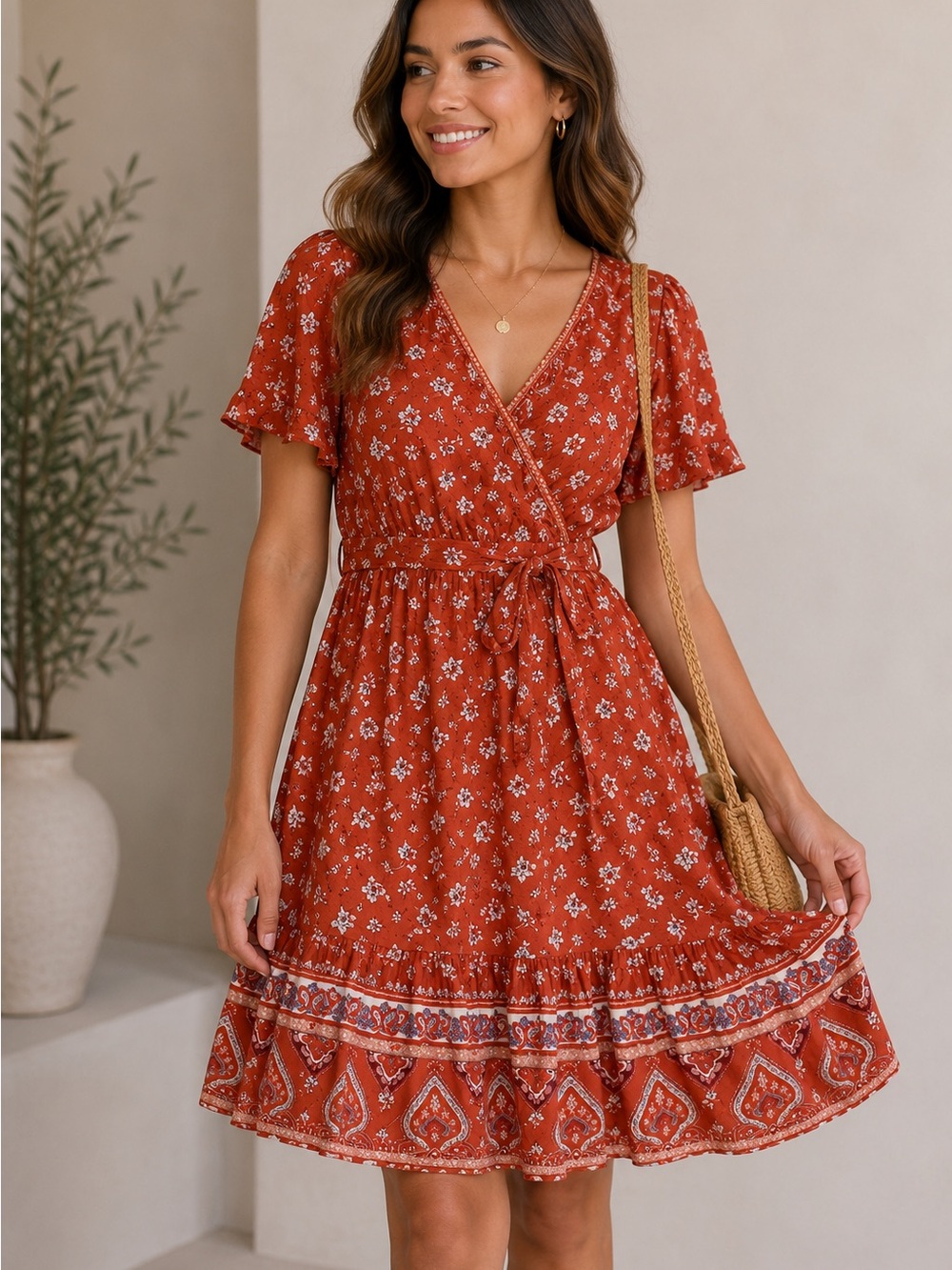 Rust Floral Wrap Dress with Tie Waist